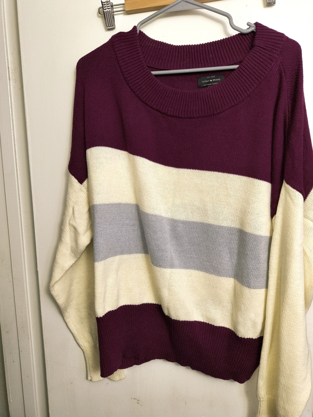 Lucky Brand Striped Crewneck Sweater - Plum, Cream & Light Gray